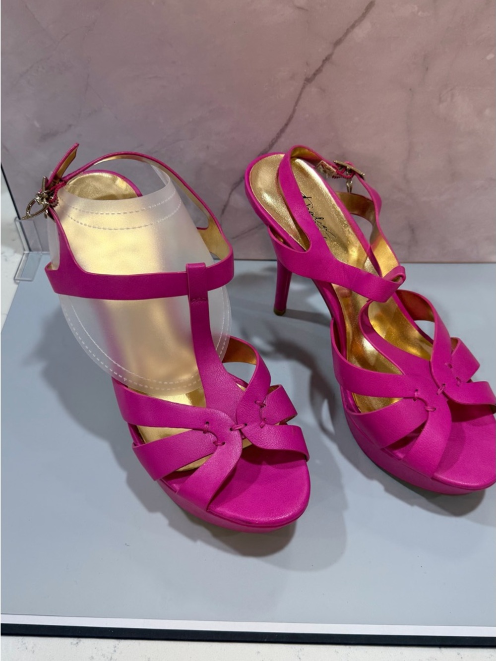 Thalia Sodi Hot Pink Strappy Stiletto Sandals with small platform